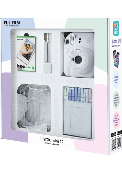 Instax Mini 12 Beyaz Fotoğraf Makinesi 10'lu Film Simli Pleksi Kılıf Mandal ve Kıskaçlı Resim Standı Bundle Box modelleri