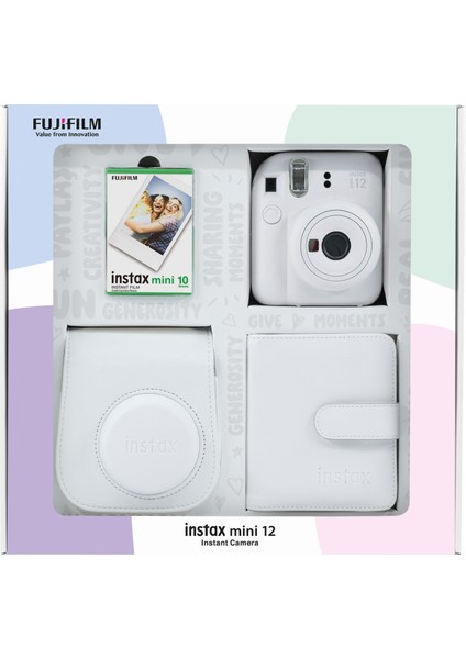 Instax Mini 12 Beyaz Fotoğraf Makinesi 10'lu Film Kare Albüm ve Deri Kılıf Bundle Box