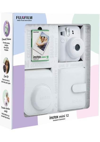 Instax Mini 12 Beyaz Fotoğraf Makinesi 10'lu Film Kare Albüm ve Deri Kılıf Bundle Box