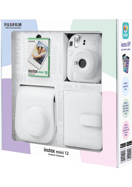 Instax Mini 12 Beyaz Fotoğraf Makinesi 10'lu Film Kare Albüm ve Deri Kılıf Bundle Box
