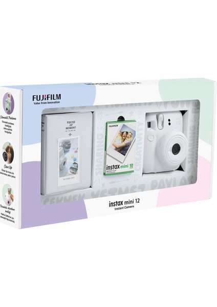 Instax Mini 12 Beyaz Fotoğraf Makinesi 10'lu Film ve Pvc Albüm Bundle Box modelleri