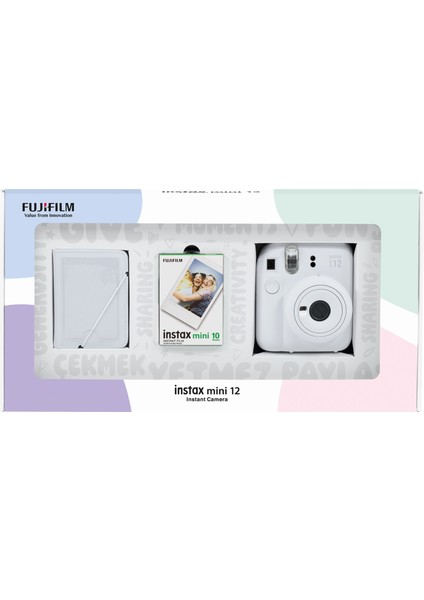 Instax Mini 12 Beyaz Fotoğraf Makinesi 10'lu Film ve 28'li Mini Albüm Bundle Box