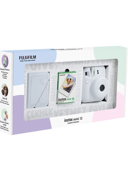 Instax Mini 12 Beyaz Fotoğraf Makinesi 10'lu Film ve 28'li Mini Albüm Bundle Box modelleri