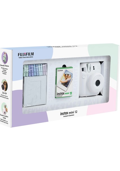 Instax Mini 12 Beyaz Fotoğraf Makinesi 10'lu Film ve Mandal Bundle Box fiyatları