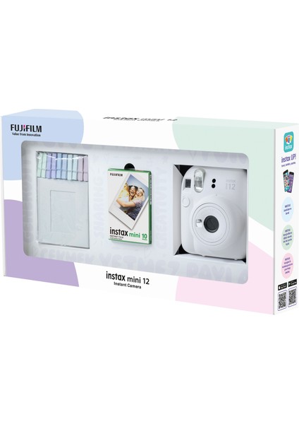 Instax Mini 12 Beyaz Fotoğraf Makinesi 10'lu Film ve Mandal Bundle Box modelleri