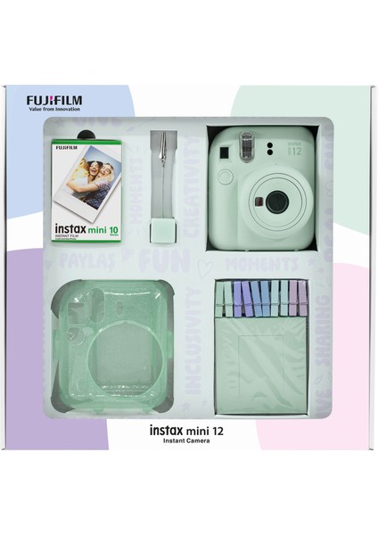 Instax Mini 12 Yeşil Fotoğraf Makinesi 10'lu Film Simli Pleksi Kılıf Mandal ve Kıskaçlı Resim Standı Bundle Box