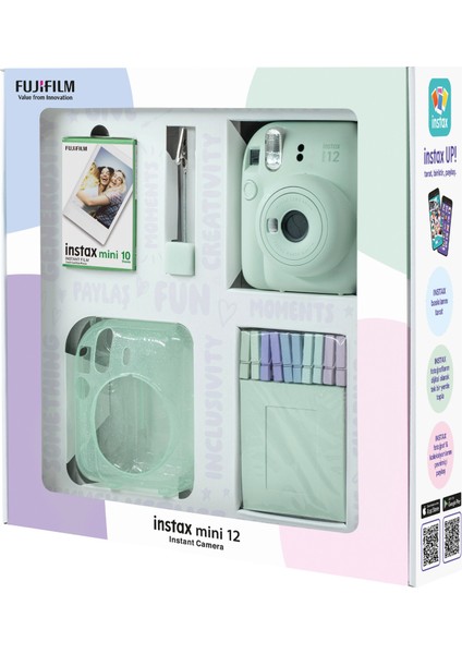 Instax Mini 12 Yeşil Fotoğraf Makinesi 10'lu Film Simli Pleksi Kılıf Mandal ve Kıskaçlı Resim Standı Bundle Box fiyatları