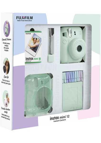 Instax Mini 12 Yeşil Fotoğraf Makinesi 10'lu Film Simli Pleksi Kılıf Mandal ve Kıskaçlı Resim Standı Bundle Box modelleri