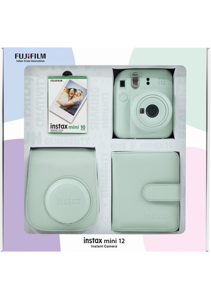 Instax Mini 12 Yeşil Fotoğraf Makinesi 10'lu Film Kare Albüm ve Deri Kılıf Bundle Box