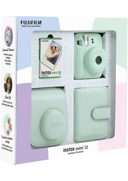 Instax Mini 12 Yeşil Fotoğraf Makinesi 10'lu Film Kare Albüm ve Deri Kılıf Bundle Box