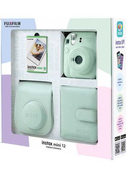 Instax Mini 12 Yeşil Fotoğraf Makinesi 10'lu Film Kare Albüm ve Deri Kılıf Bundle Box