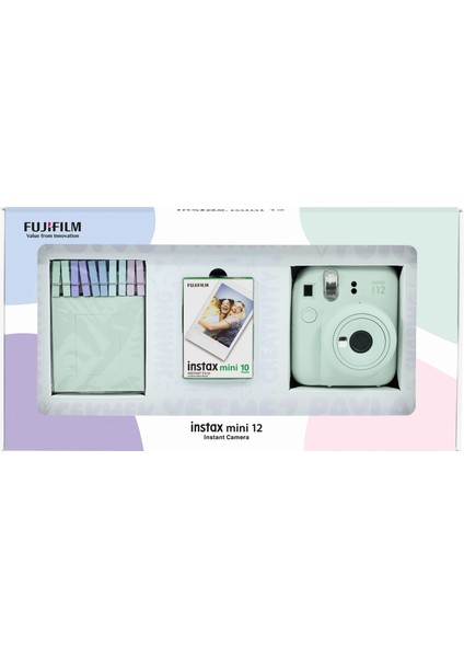 Instax Mini 12 Yeşil Fotoğraf Makinesi 10'lu Film ve Mandal Bundle Box