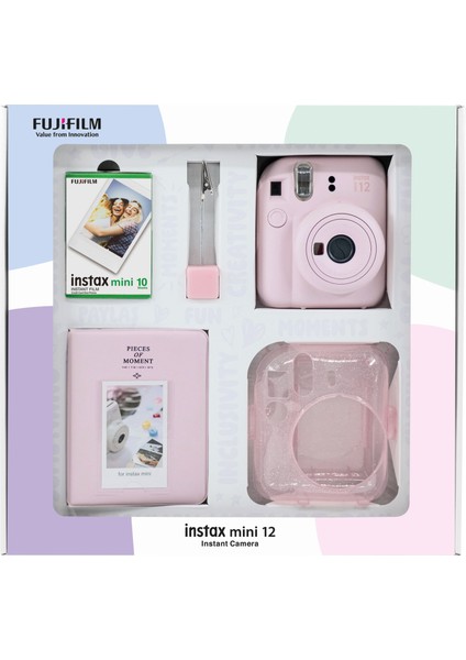 Instax Mini 12 Pembe Fotoğraf Makinesi 10'lu Film Simli Pleksi Kılıf Pvc Albüm ve Kıskaçlı Resim Standı Bundle Box