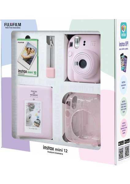 Instax Mini 12 Pembe Fotoğraf Makinesi 10'lu Film Simli Pleksi Kılıf Pvc Albüm ve Kıskaçlı Resim Standı Bundle Box fiyatları