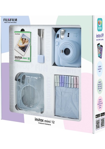 Instax Mini 12 Mavi Fotoğraf Makinesi 10'lu Film Simli Pleksi Kılıf Mandal ve Kıskaçlı Resim Standı Bundle Box
