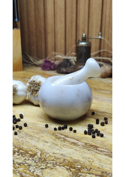 Mermer Havan Seti Küçük Boy Doğal Taş Beyaz 8 x 8 cm modelleri