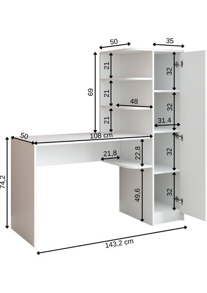 Roma Raflı Çalışma Masası , Çalışma Ofis Masası Sağ Dolap Mat Beyaz