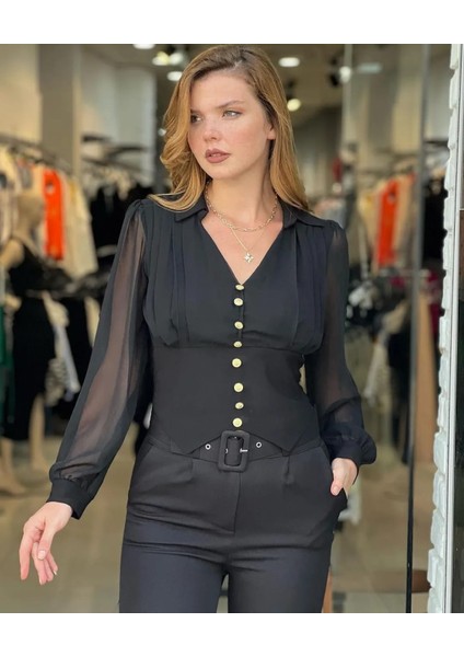 Siyah Şifon V Yaka Düğme Detaylı Crop Bluz