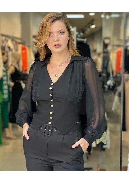 Siyah Şifon V Yaka Düğme Detaylı Crop Bluz