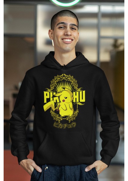 Pikachu Pokemon Baskılı Kapüşonlu Sweatshirt, Unisex Oversize Pokemon Baskılı Hoodie