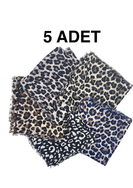 5'Li Set Hediyelik Leopar Desen Flamlı Pamuklu Yazma Eşarp 100X100Cm