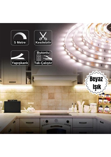 Şerit LED Işık Seti Mutfak Tezgah Çalışma Masası Tv Arkası Butonlu 5 Metre