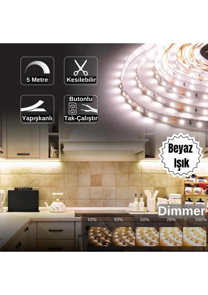 Şerit LED Işık Seti Mutfak Tezgah Çalışma Masası Tv Arkası Dimmer Butonlu 5 Metre