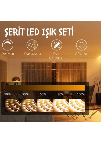 Şerit LED Işık Seti Mutfak Tezgah Çalışma Masası Tv Arkası Dimmer Butonlu 5 Metre