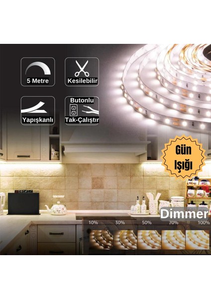 Şerit LED Işık Seti Mutfak Tezgah Çalışma Masası Tv Arkası Dimmer Butonlu 5 Metre