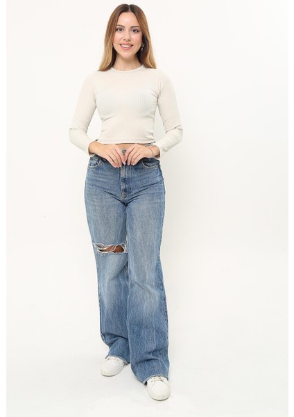 Kadın Krem Fitilli Balıkçı Yaka Uzun Kollu Crop Örme Bluz Body TRP23K-BDY231023