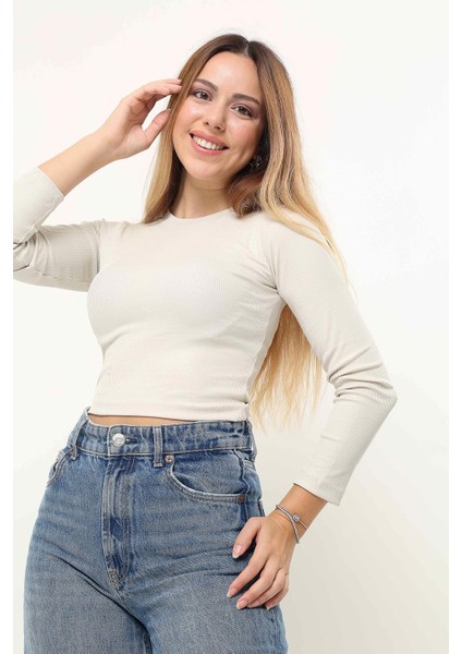 Kadın Krem Fitilli Balıkçı Yaka Uzun Kollu Crop Örme Bluz Body TRP23K-BDY231023