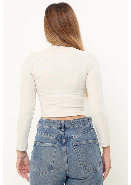 Kadın Krem Fitilli Balıkçı Yaka Uzun Kollu Crop Örme Bluz Body TRP23K-BDY231023