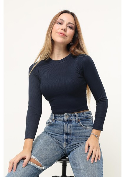 Kadın Lacivert Fitilli Balıkçı Yaka Uzun Kollu Crop Örme Bluz Body TRP23K-BDY231023
