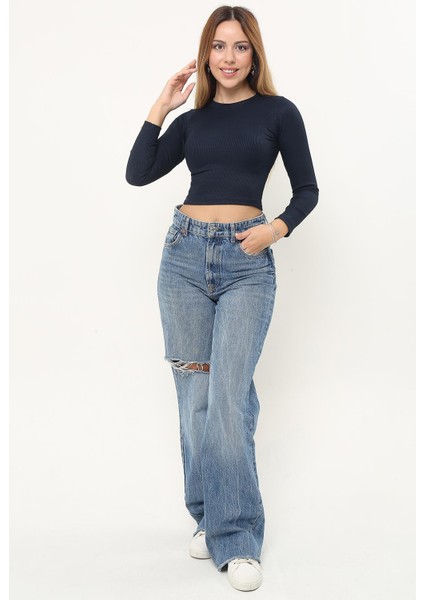 Kadın Lacivert Fitilli Balıkçı Yaka Uzun Kollu Crop Örme Bluz Body TRP23K-BDY231023 fiyatları