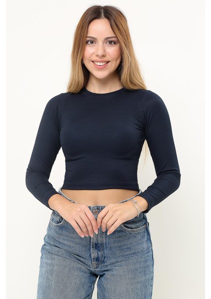 Kadın Lacivert Fitilli Balıkçı Yaka Uzun Kollu Crop Örme Bluz Body TRP23K-BDY231023 modelleri