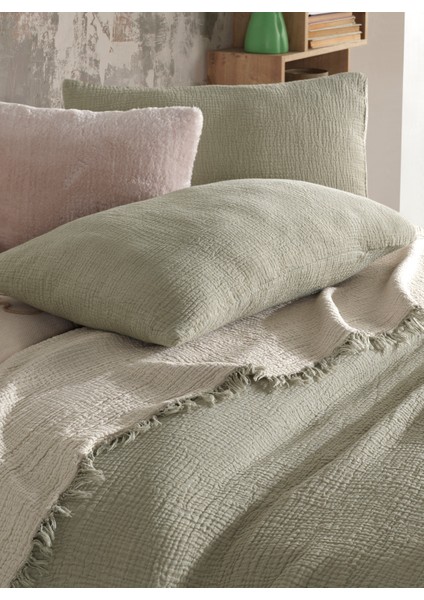 Yeşil 4 Katlı Multi Muslin %100 Pamuk Çift Kişillik Yatak Örtüsü
