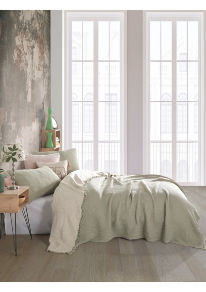 Yeşil 4 Katlı Multi Muslin %100 Pamuk Çift Kişillik Yatak Örtüsü fiyatları