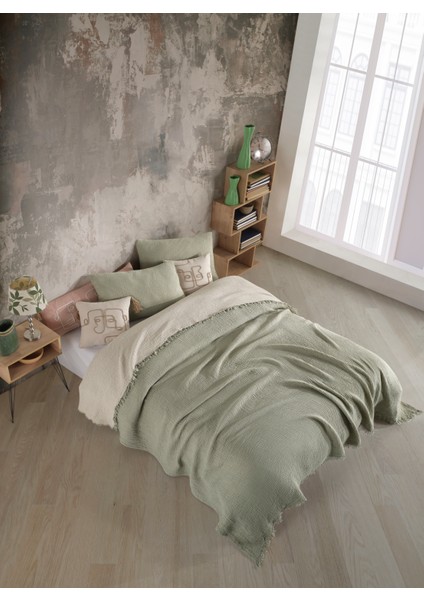 Yeşil 4 Katlı Multi Muslin %100 Pamuk Çift Kişillik Yatak Örtüsü modelleri