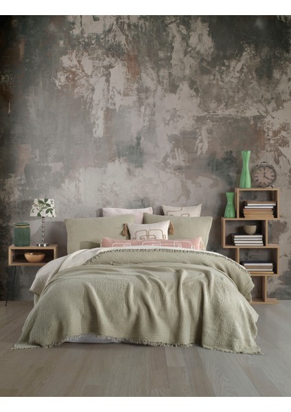 Yeşil 4 Katlı Multi Muslin %100 Pamuk Çift Kişillik Yatak Örtüsü fırsatları