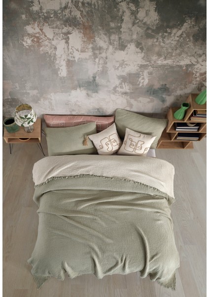 Yeşil 4 Katlı Multi Muslin %100 Pamuk Çift Kişillik Yatak Örtüsü