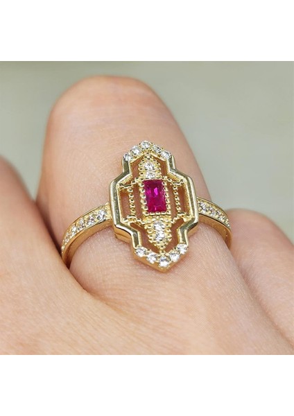 Baget Altın Yüzük - 14 Ayar Altın Baget Ruby Taşlı Kadın Yüzük - Anneler Gününe Özel Altın Yüzük