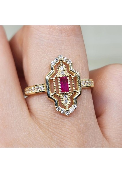 Baget Altın Yüzük - 14 Ayar Altın Baget Ruby Taşlı Kadın Yüzük - Anneler Gününe Özel Altın Yüzük indirimleri