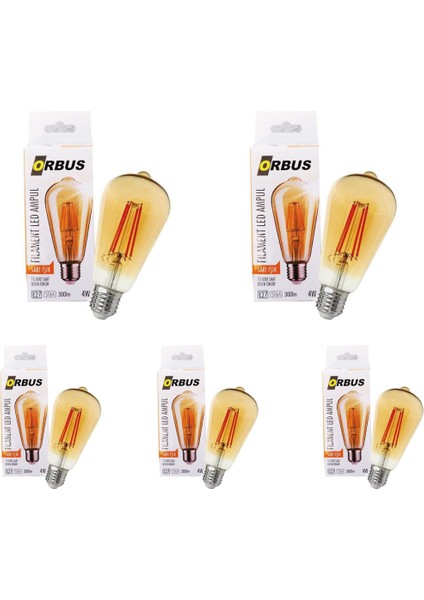 4W ST64 Amber Sarı Işık Rustik LED Ampul 5 Adet