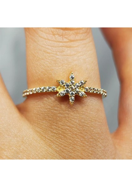 Altın Yüzük - Yıldız Fantezi Minimal Signity Swaroski (Zirkon) Taşlı 14 Ayar Altın Yüzük
