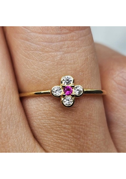 Altın Yüzük - Minimal Papatya Ruby Taşlı (Lal Taşı) 14 Ayar Altın Yüzük
