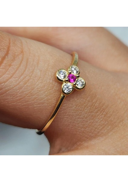 Altın Yüzük - Minimal Papatya Ruby Taşlı (Lal Taşı) 14 Ayar Altın Yüzük indirimleri