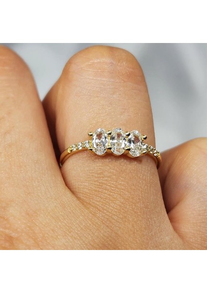 Altın Yüzük - 0.60 Karat Zirkon Oval Taşlı Tria Fantezi 14 Ayar Altın Evlilik Teklifi Yüzüğü fiyatları