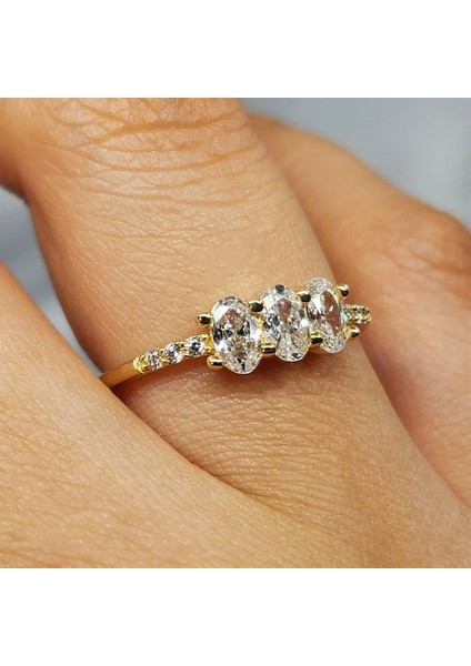 Altın Yüzük - 0.60 Karat Zirkon Oval Taşlı Tria Fantezi 14 Ayar Altın Evlilik Teklifi Yüzüğü modelleri