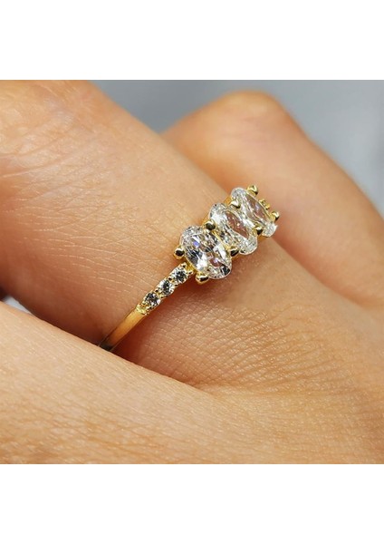 Altın Yüzük - 0.60 Karat Zirkon Oval Taşlı Tria Fantezi 14 Ayar Altın Evlilik Teklifi Yüzüğü fırsatları