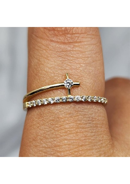 Altın Yüzük - 14 Ayar Altın Fantezi Zirkon Taşlı Minimal Yüzük - Yarım Tur Altın Yüzük